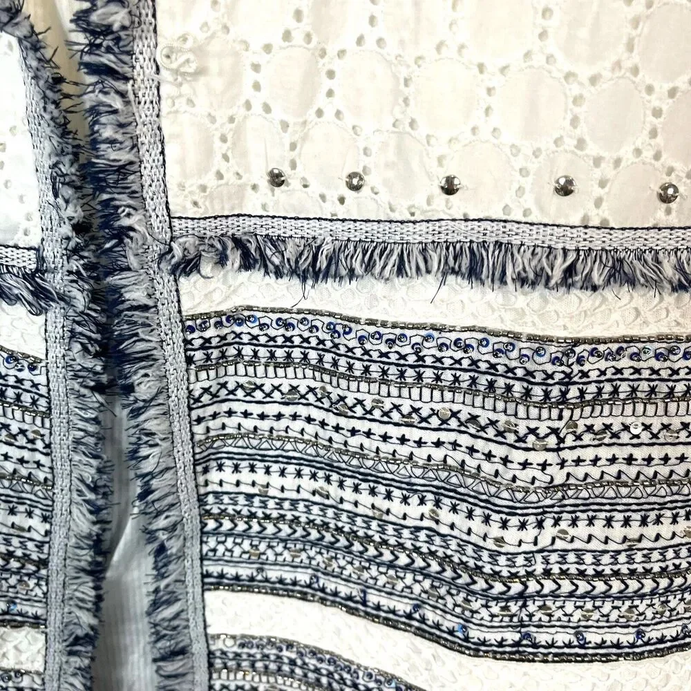 Chico's Eyelet Topper Jacket Embellished Cotton Linen White Blue SZ 12 P NWT